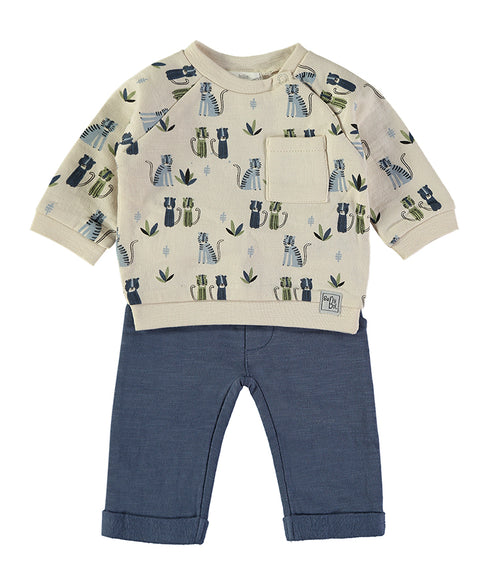 Babybol Baby Boys Cat Print Top and Navy Trousers Set 260801