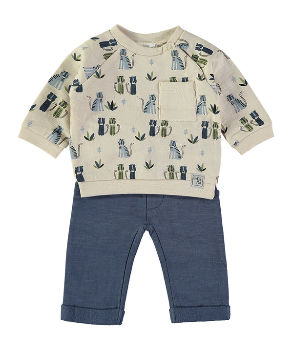 Babybol Baby Boys Cat Print Top and Navy Trousers Set 260801