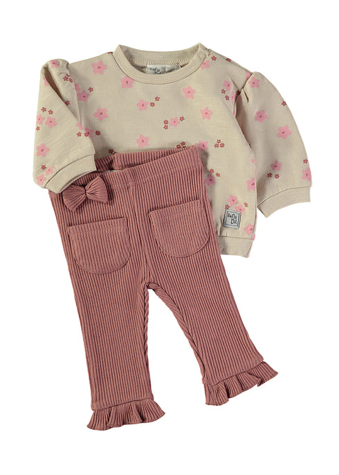 Babybol Ecru and Antique Pink Flower Print Two-Piece Set 260812