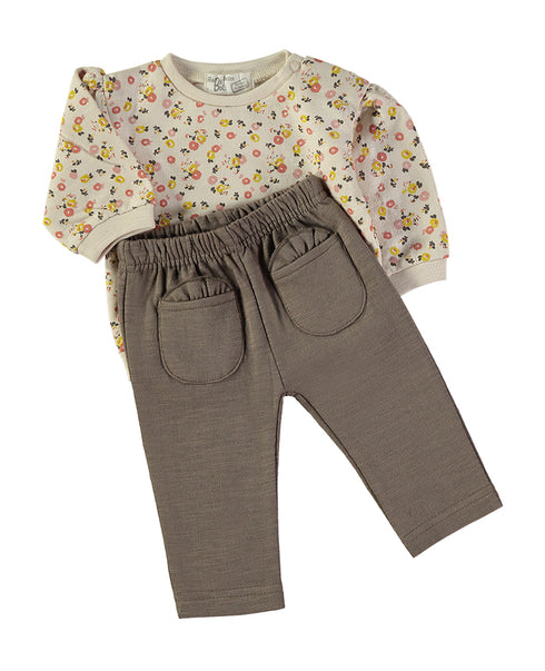 Babybol Brown and Ecru Flower Pattern Two-Piece Set 260415