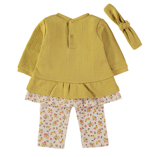Babybol Baby Girls Mustard Top, Floral Leggings and Headband Three-Piece Set 260846