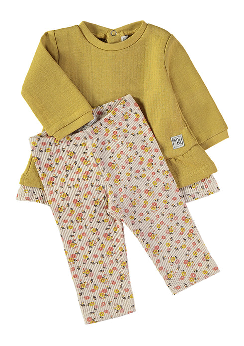 Babybol Baby Girls Mustard Top, Floral Leggings and Headband Three-Piece Set 260846
