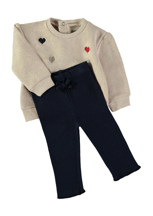 Babybol Baby Girl Beige Heart Sweater and Navy Leggings Set B261000-03