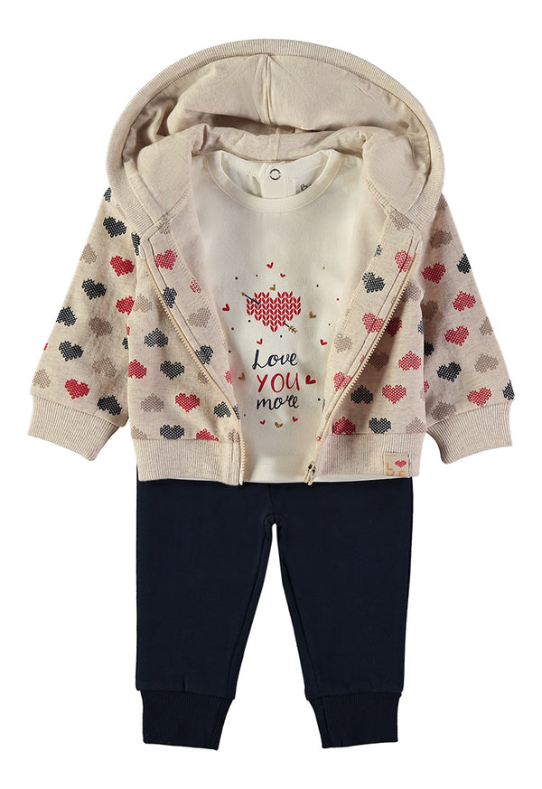 Babybol Girls Cross-Stitch Heart Zip-Up Hoodie, Top and Joggers Three-Piece Set 261004