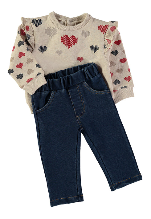 Babybol Baby Girls Heart Print Top and Jeans Two-Piece Set 261006