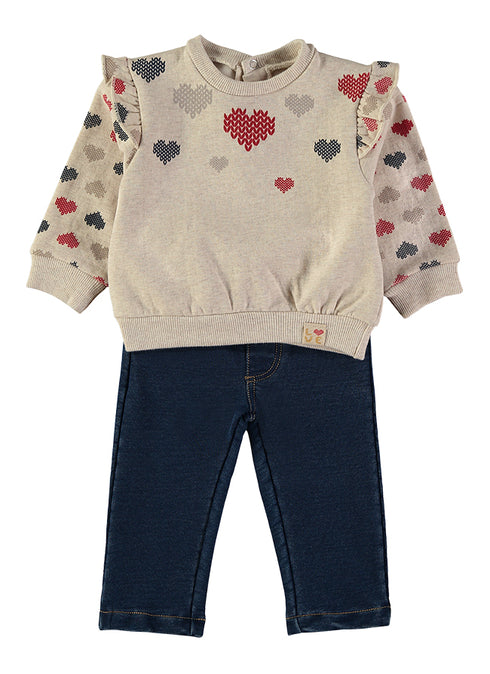 Babybol Baby Girls Heart Print Top and Jeans Two-Piece Set 261006