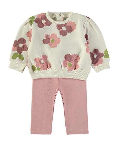 Babybol Baby Girls Ecru Floral Sweatshirt and Pink Leggings Set 261009