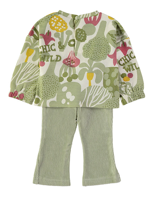 Babybol Baby Girls Botanical Print Top and Ribbed Flared Trousers Two-Piece Set 261043
