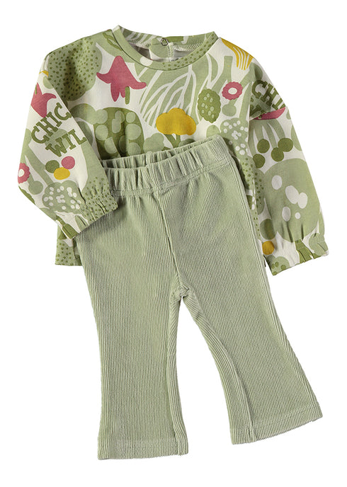Babybol Baby Girls Botanical Print Top and Ribbed Flared Trousers Two-Piece Set 261043