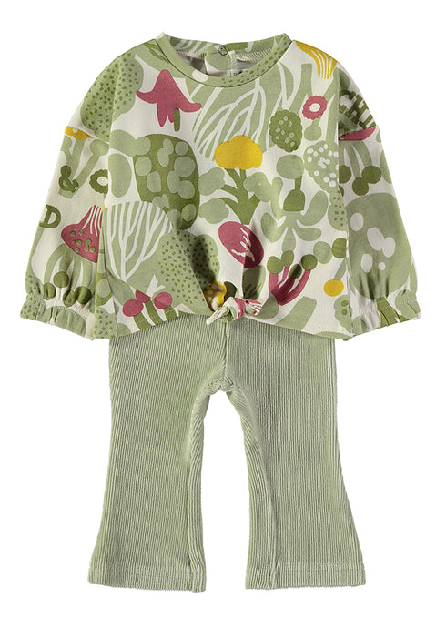 Babybol Baby Girls Botanical Print Top and Ribbed Flared Trousers Two-Piece Set 261043
