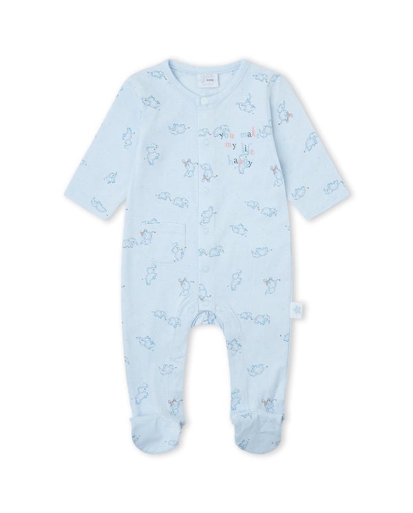 Yatsi | Baby Boy Light Blue Elephant Print Footed Cotton Romper - 26110156
