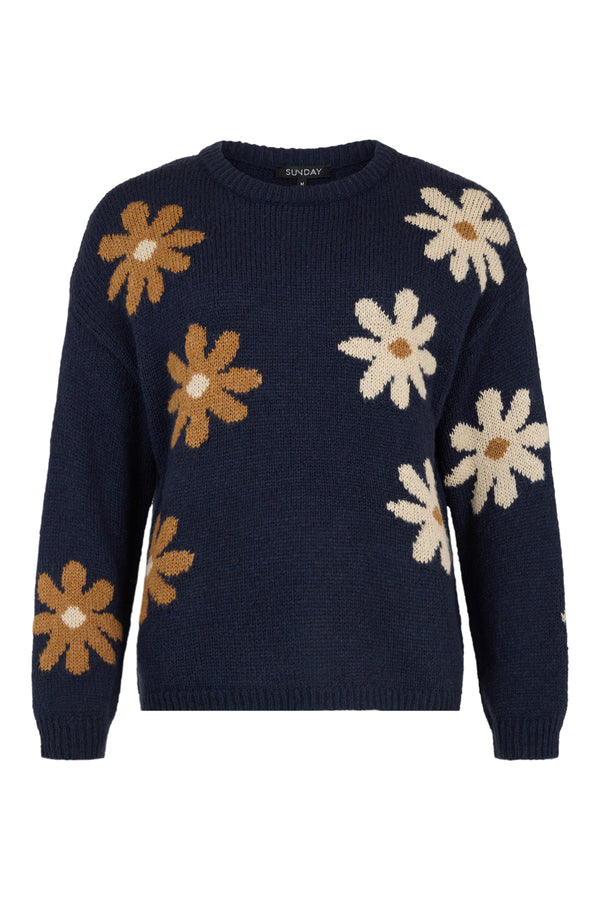 Sunday Daisy Floral Intarsia Wool Blend Knit Pullover Jumper 6454 6661 69 - Navy