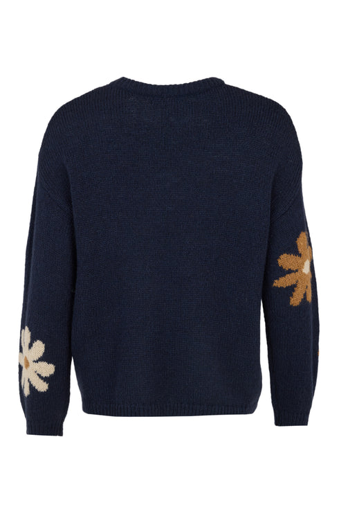 Sunday Daisy Floral Intarsia Wool Blend Knit Pullover Jumper 6454 6661 69 - Navy