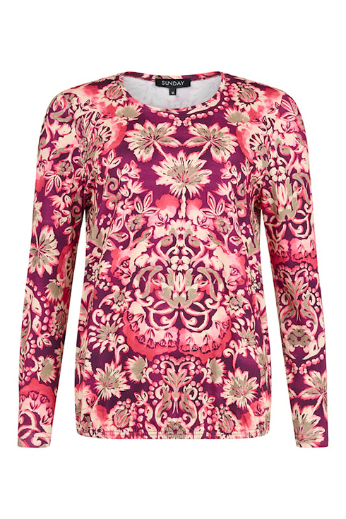Sunday Floral Damask Print Round Neck Top 64656636 491 - Prune