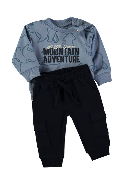 Babybol | "Mountain Adventure" Bear Print Sweatshirt and Cargo Trousers Set 262026 - Blue