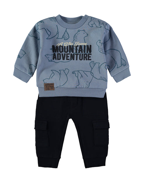 Babybol | "Mountain Adventure" Bear Print Sweatshirt and Cargo Trousers Set 262026 - Blue