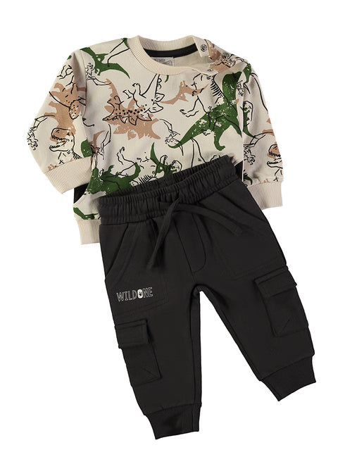 Babybol | All-Over Dinosaur Print Sweatshirt and Cargo Trousers Set 262033 - Natural