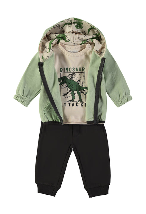 Babybol | "Dinosaur Attack!" Graphic Top, Trousers and Hooded Jacket 3 Piece Set 262034 - Aqua Green