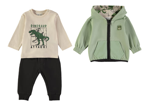 Babybol | "Dinosaur Attack!" Graphic Top, Trousers and Hooded Jacket 3 Piece Set 262034 - Aqua Green