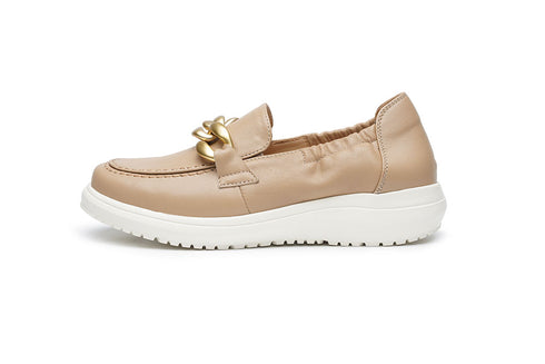G Comfort Womens Champagne Calf Leather Gold Chain Detail Platform Loafers 26295C