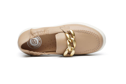 G Comfort Womens Champagne Calf Leather Gold Chain Detail Platform Loafers 26295C