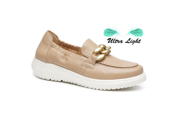 G Comfort Womens Champagne Calf Leather Gold Chain Detail Platform Loafers 26295C