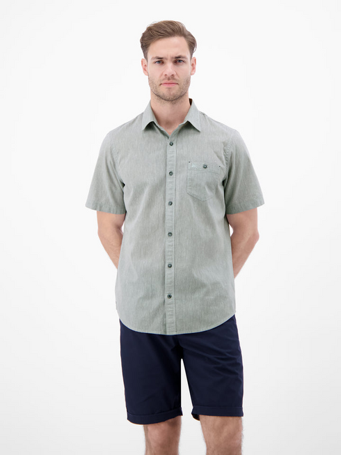 LERROS Storm Grey Cotton-Linen Textured Short Sleeve Shirt — Regular Fit | 2643152
