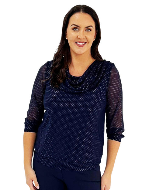 Yew Womens Cowl Neck Shimmer Top 2647 - Elegant Navy with Gold Shimmer