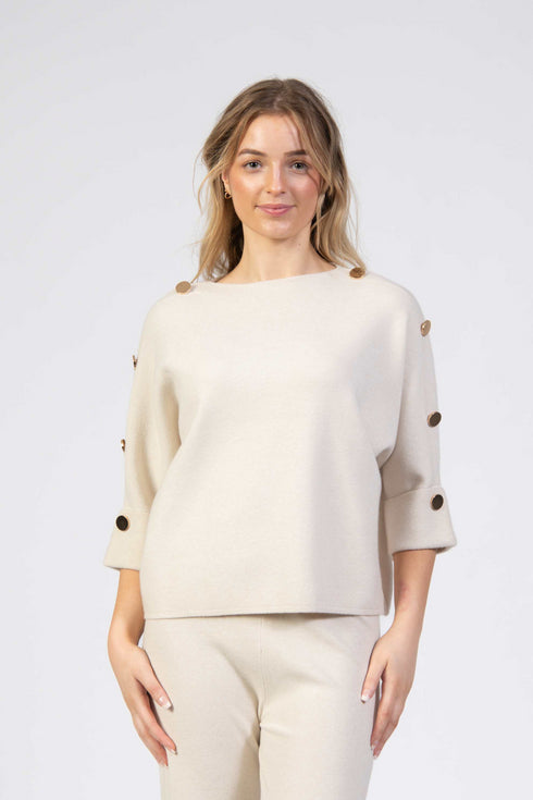 Jessica Graaf Knit with Boat Neck, Batwing Sleeve and Gold Buttons in Cream - 30271-054