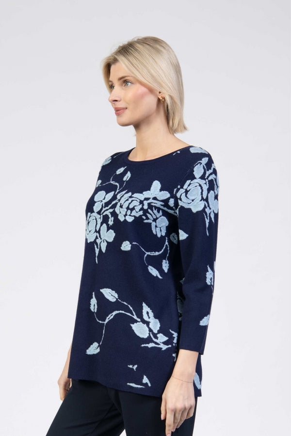 Jessica Graaf Round Neck Knit Embroidered Sweater 3/4 Sleeve 30288-003
