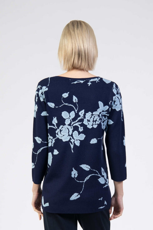 Jessica Graaf Round Neck Knit Embroidered Sweater 3/4 Sleeve 30288-003