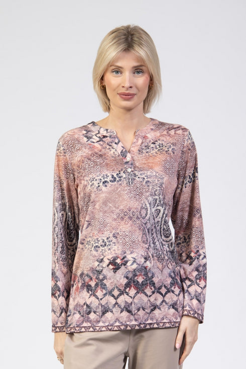 Jessica Graaf Printed Top Notch Neck Long Sleeve Burnout Jersey 30646-090