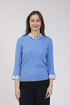 Cable Knit V-Neck Sweater with Floral Shirt Collar Cornflower Blue 31107-027