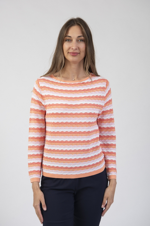 Jessica Graaf Textured Stripe Round Neck Sweater Orange Pink White 31163-044