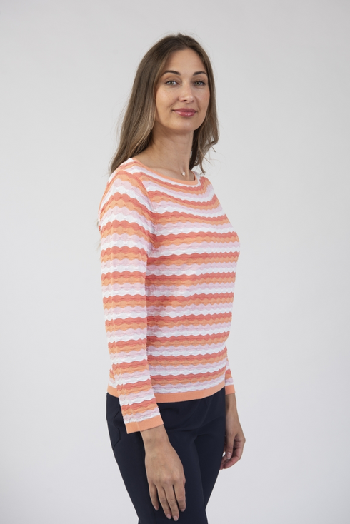 Jessica Graaf Textured Stripe Round Neck Sweater Orange Pink White 31163-044