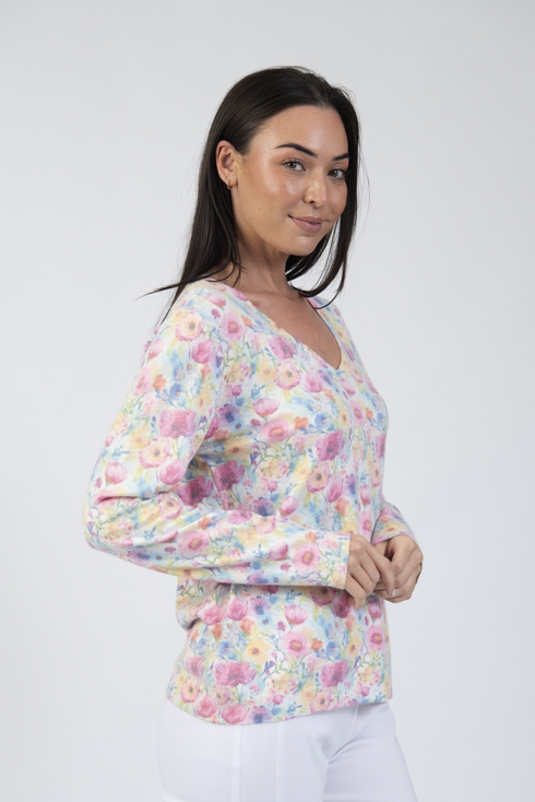 Jessica Graaf Floral Printed V-Neck Knit Sweater Pink Pastel 31184-010