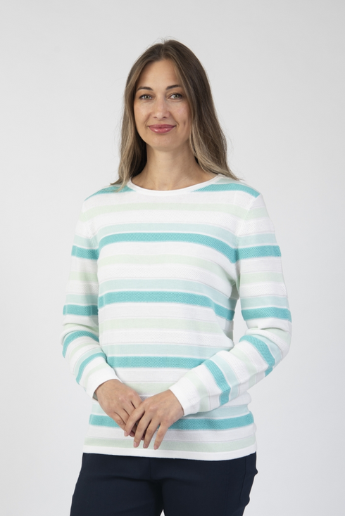 Jessica Graaf Textured Stripe Round Neck Sweater Mint & White 31190-031