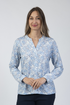 Jessica Graaf Abstract Leaf Print Notch Neck Blouse Light Blue 31343-021