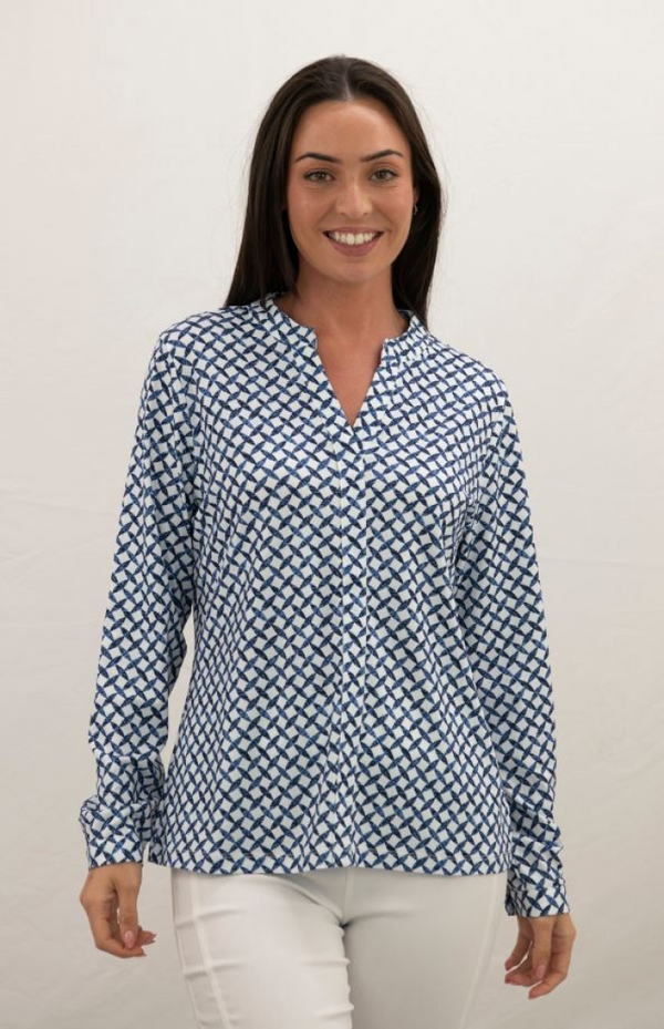 Jessica Graaf Notch Neck Printed Blouse Blue & White 31345-020