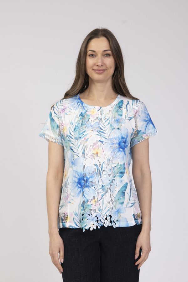 Jessica Graaf Printed Round Neck Top with Lace Detail White Multi 31372-021
