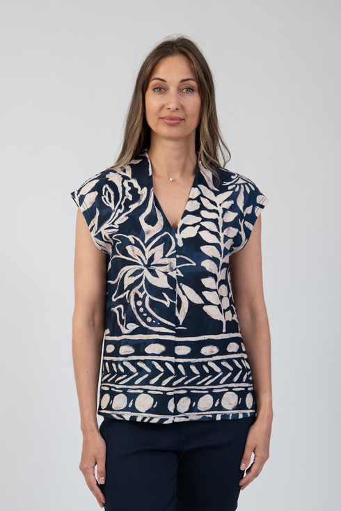 Jessica Graaf Printed Short Sleeve Top Navy & Beige 31514-003