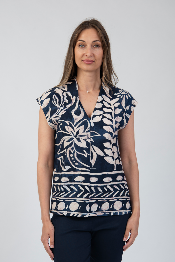 Jessica Graaf Printed Short Sleeve Top Navy & Beige 31514-003