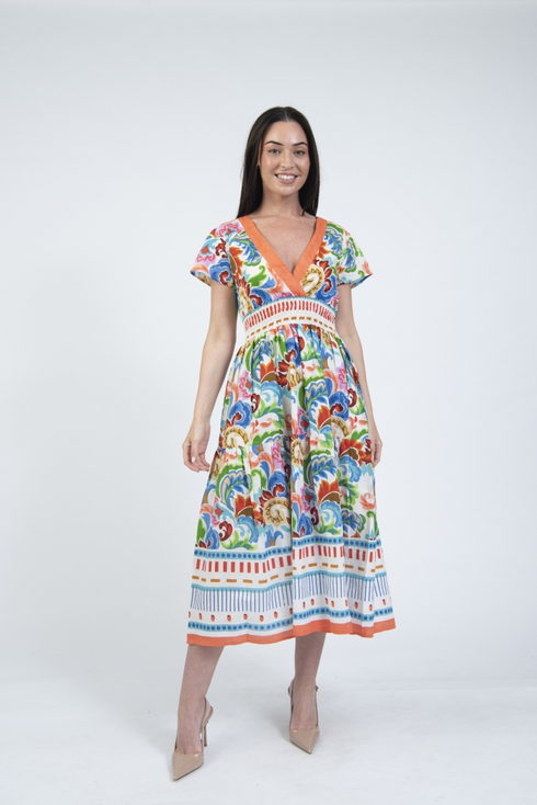 Jessica Graaf Summer Printed V-Neck Dress Orange & Blue Multi 31621-043