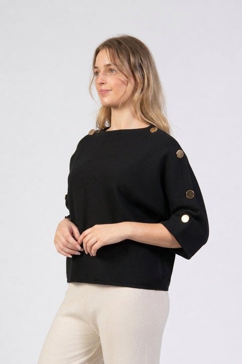 Jessica Graaf Button Detail Three-Quarter Sleeve Knit Jumper 32455-004 - Black