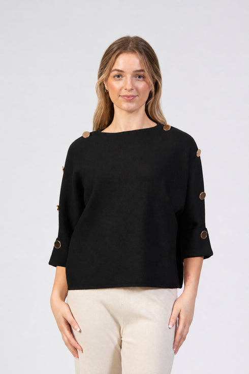 Jessica Graaf Button Detail Three-Quarter Sleeve Knit Jumper 32455-004 - Black