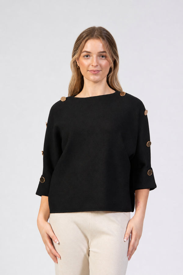 Jessica Graaf Button Detail Three-Quarter Sleeve Knit Jumper 32455-004 - Black