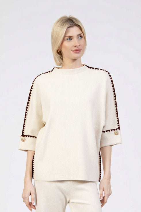 Jessica Graaf Contrast Stitching Three-Quarter Sleeve Knit Jumper 32458-054 - Cream