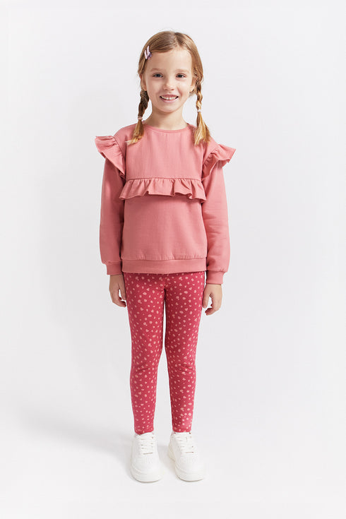 Street Monkey Girls' 2-Piece Outfit - Pink Ruffle Top & Dark Pink Leggings 353043