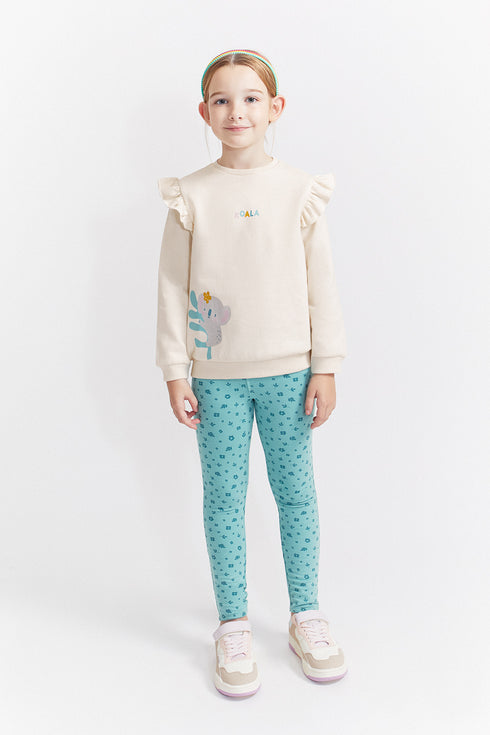 Street Monkey Girls' 2-Piece Outfit - Cream Koala Top & Light Green Leggings 353050