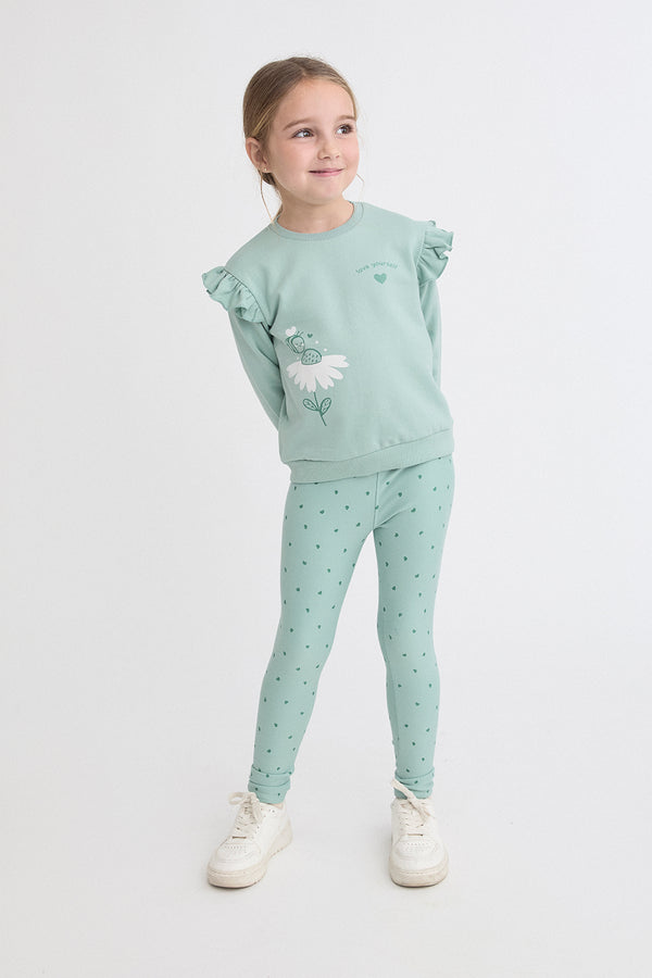 Street Monkey | Girls Ruffle-Shoulder Sweatshirt and Heart-Print Leggings Set 363050 - Green